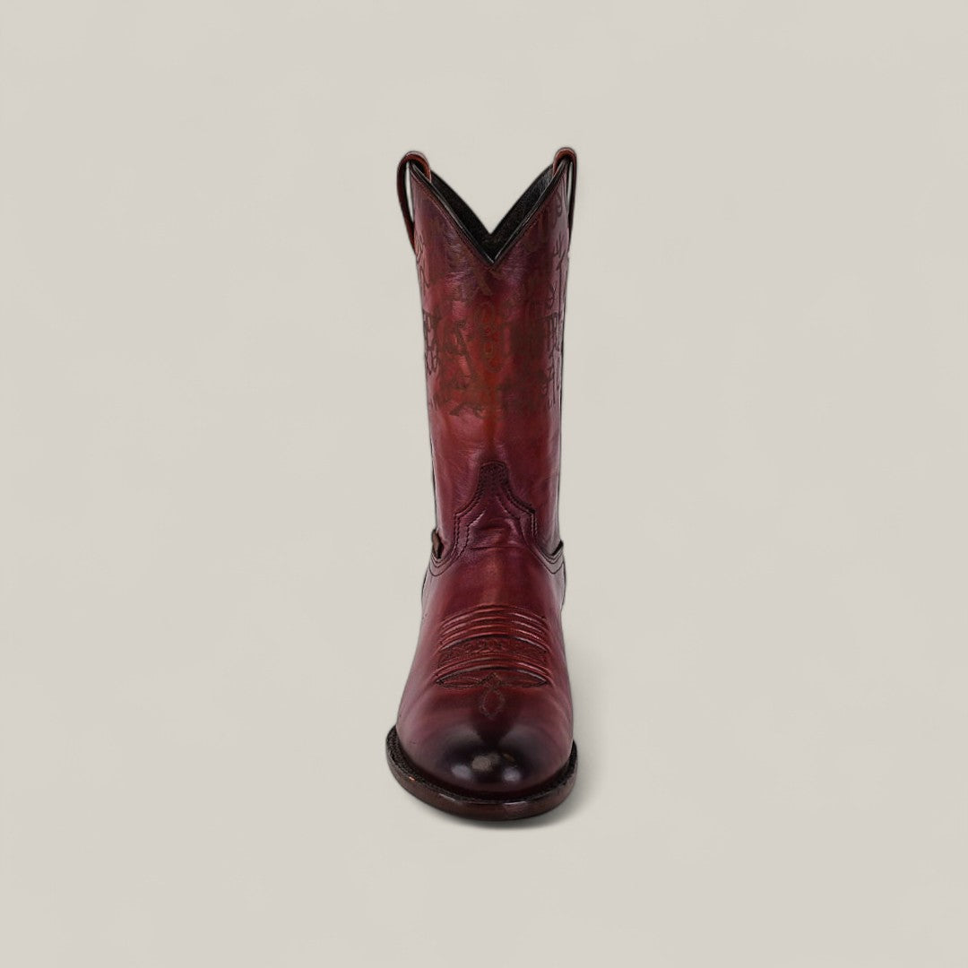 A single Wyatt - Cogñac - Roper Toe boot in rich red leather with decorative stitching, expertly crafted and displayed from the front against a plain light background.