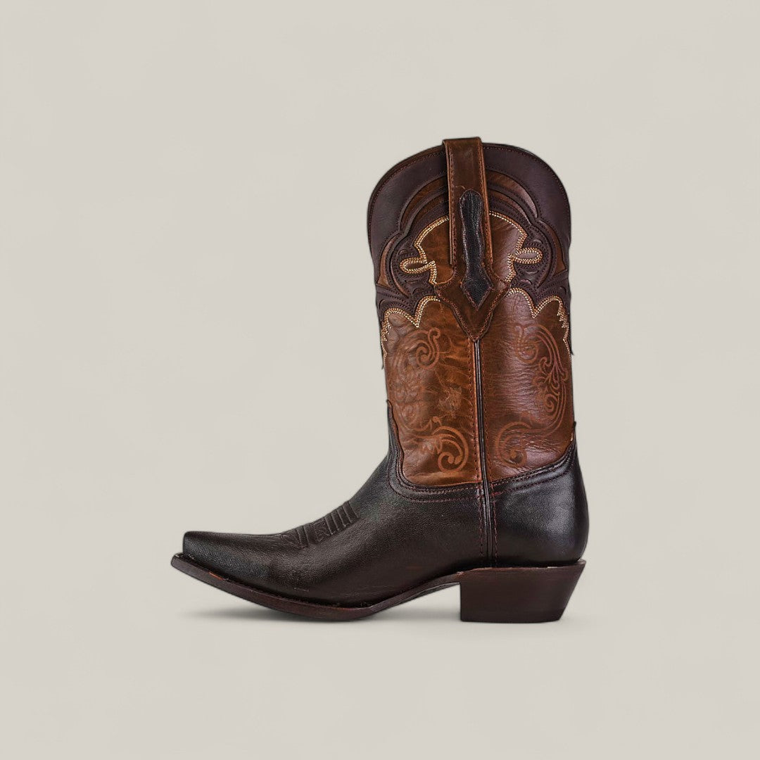 The Rush - Brown - Snip Toe cowboy boot features a dark brown Rustico Café foot, a lighter Malboro shaft with decorative stitching, and a low angled heel, shown against a plain light background.