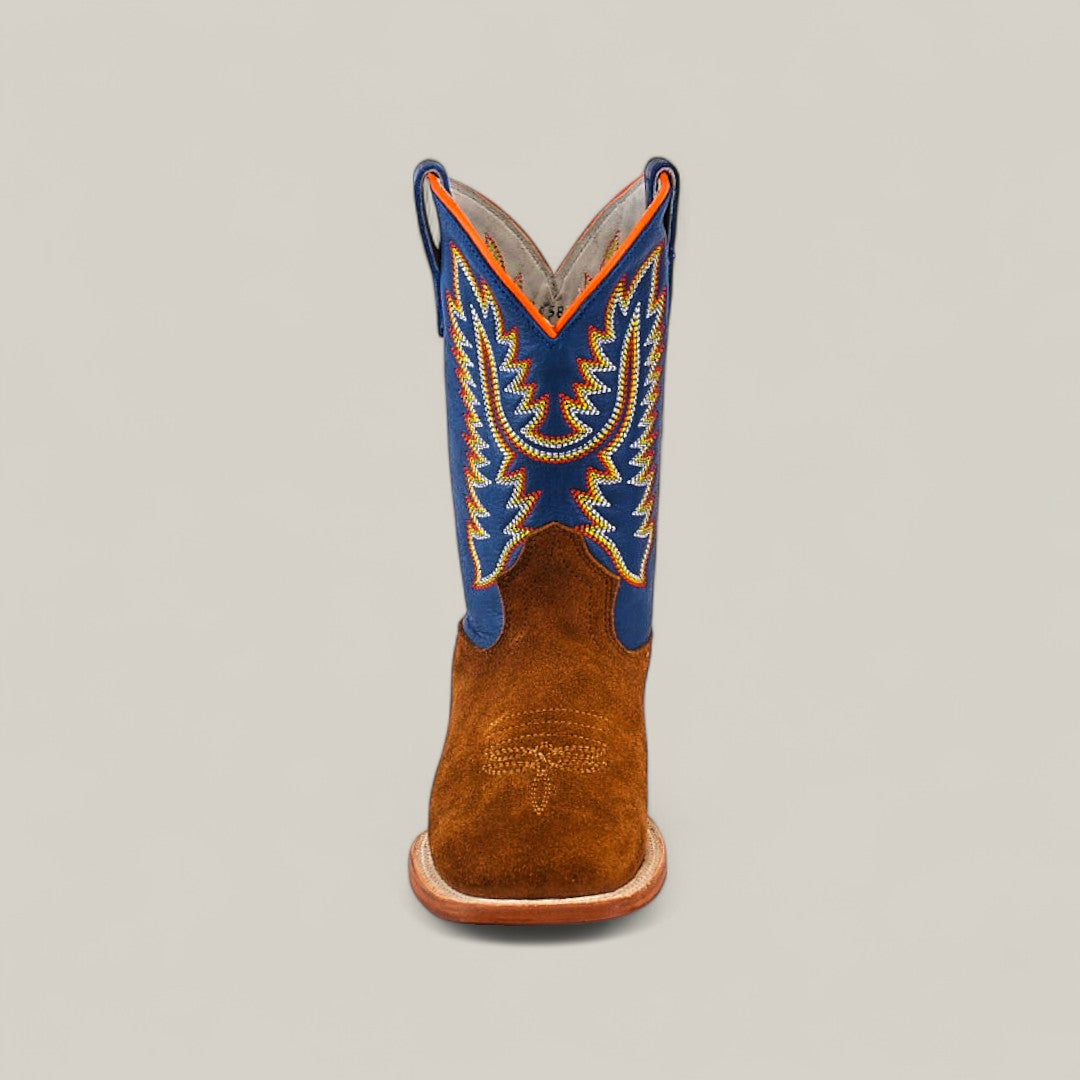 A single Diamond Suede Ocre - Square Toe - Kids boot with a brown foot and tall blue shaft, featuring vibrant yellow, orange, and blue zigzag stitching, is shown facing forward on a plain background.