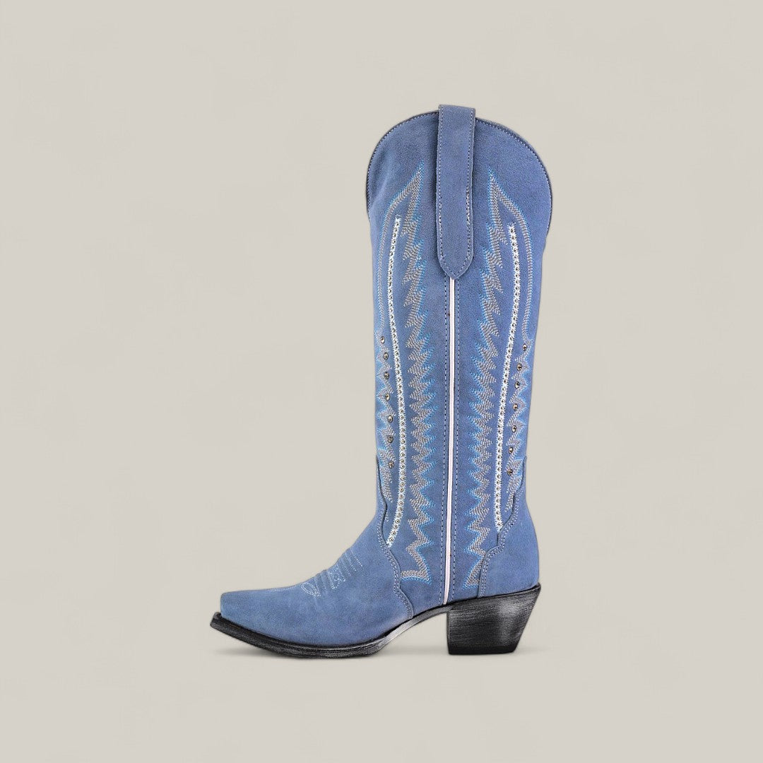 A single Elizabeth Light Blue tall shaft women’s cowboy boot with snip toe, white stitching, pull strap, and black angled heel is shown against a plain background. Perfect for fans of tall boots.