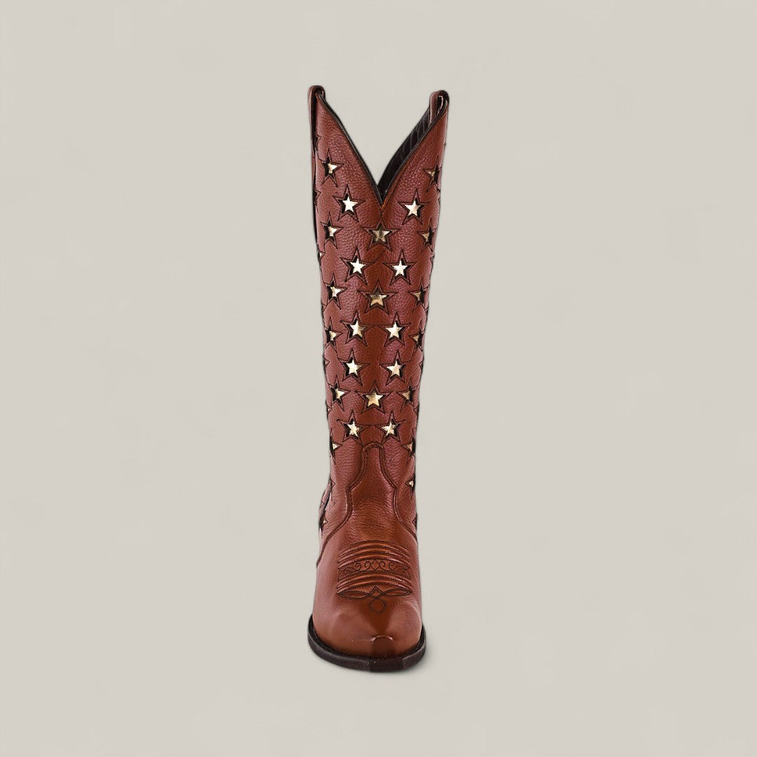 The Marjorie Star Brown - Tall Shaft - Snip Toe boot features a brown leather upper with star-shaped cutouts on the tall shaft, displayed upright and facing forward against a plain light background.