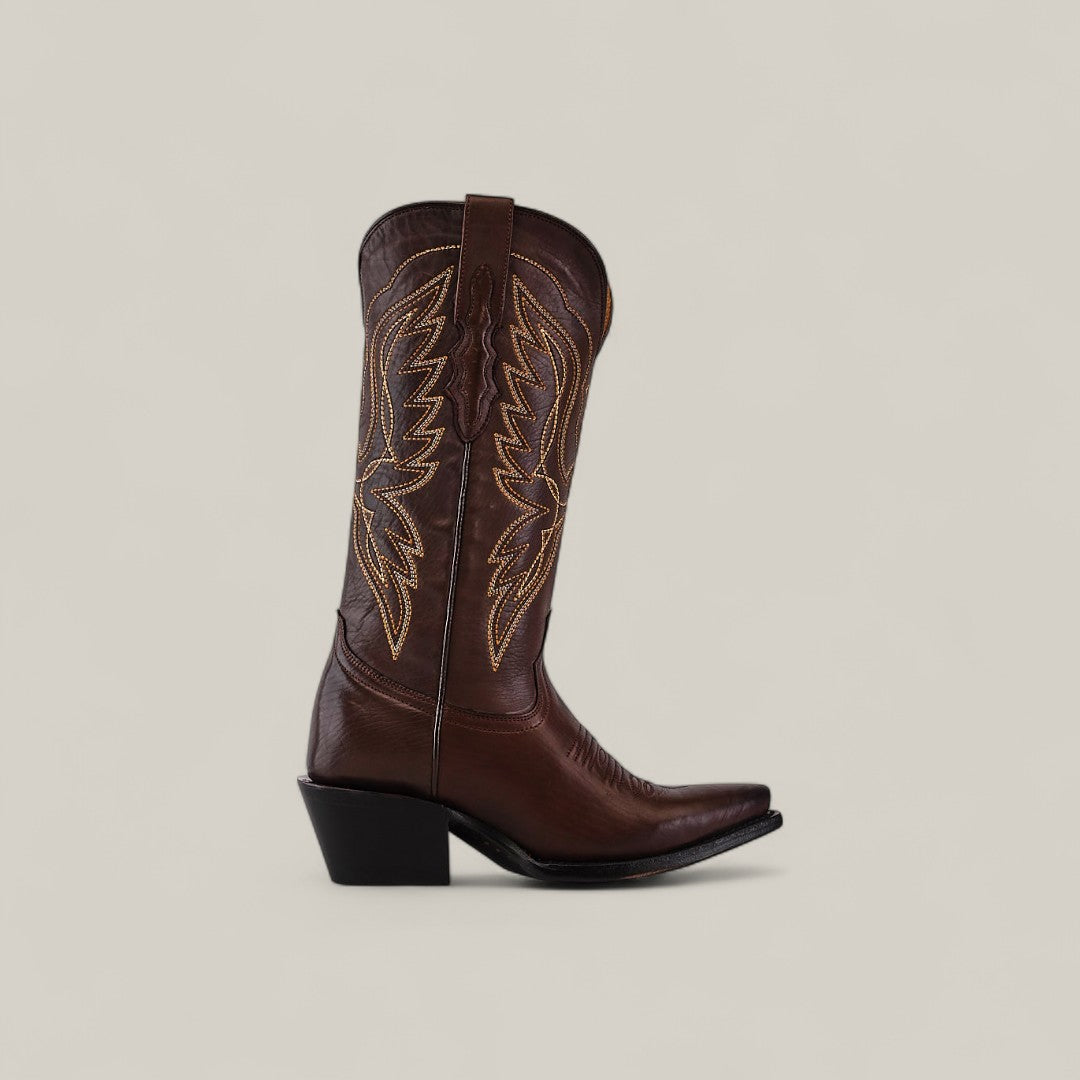 The Miranda Clayton Brownie Leather Sole Mid Shaft Boot with snip toe is shown on a plain light background, featuring decorative yellow stitching and an angled heel.