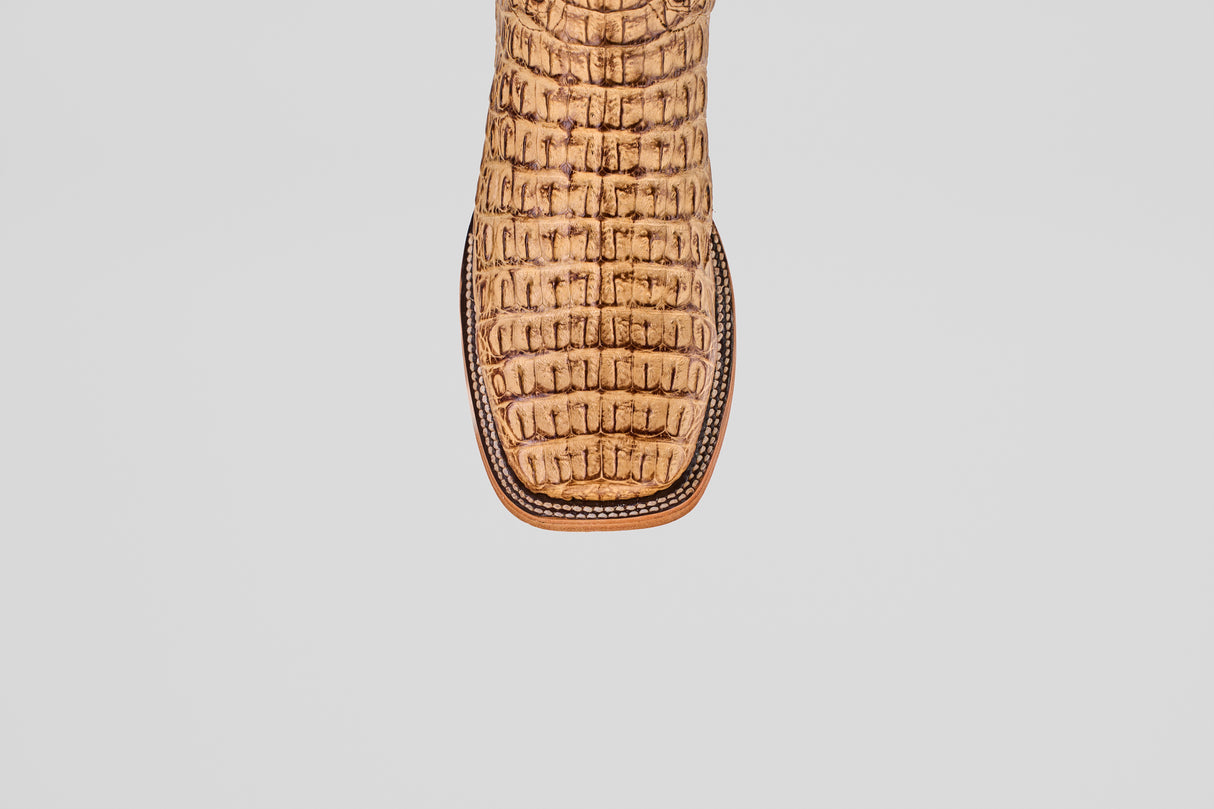 A close-up of the toe of the Exotic Caiman Horn Back - Antique - Square Toe boot, featuring a striking crocodile pattern in tan, set against a plain light gray background.