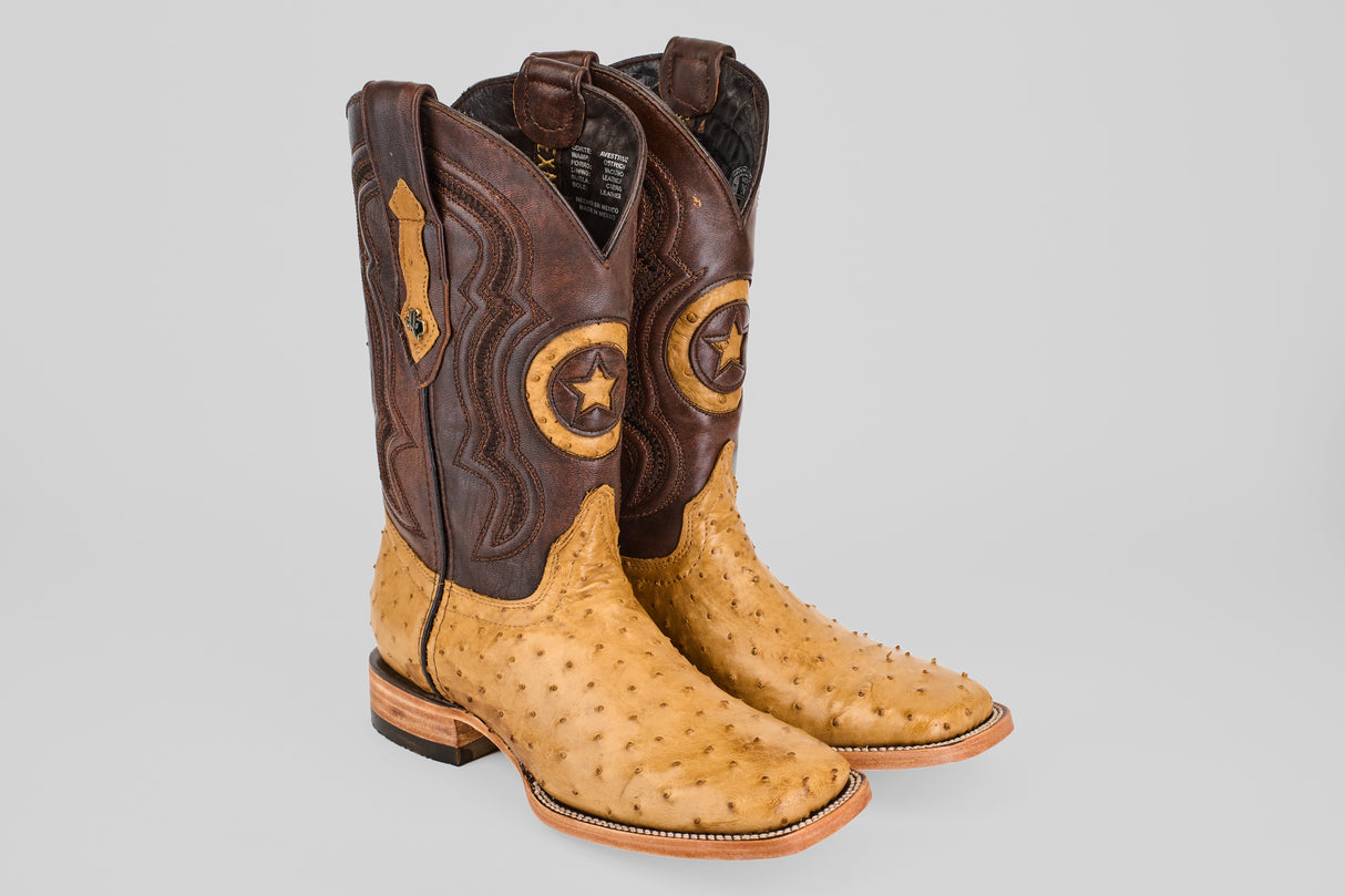 The Exotic Full Quilt Ostrich - Fawn - Square Toe boots feature tan ostrich leather on the foot, dark brown shafts, decorative stitching, star accents, and a classic square toe.