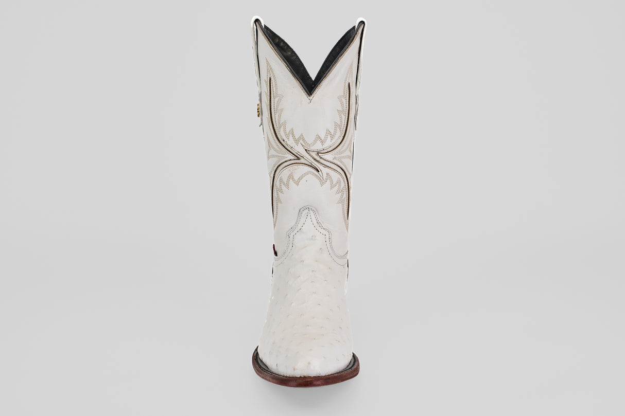 A single white Austin cowboy boot with a round toe and decorative stitching, viewed from the front against a plain light background. Style: Austin - White - Round Toe.