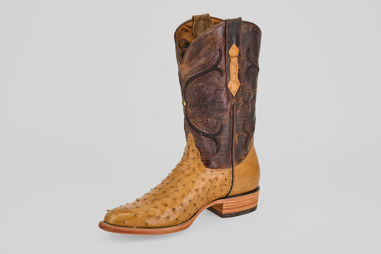 The Austin - Antique - Roper Toe features a tan ostrich leather foot and a tall, dark brown shaft with intricate stitching, all set against a plain light background—an elegant take on classic cowboy boots.