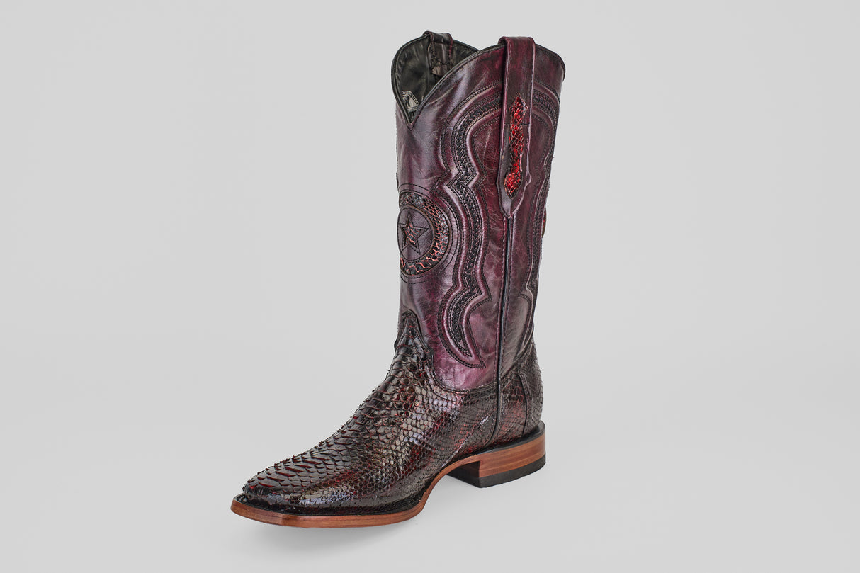 The Tanner - Black Cherry - Square Toe cowboy boot features intricate stitching and a textured reptile-like pattern, with a square toe and low wooden heel, shown singly against a plain light background.