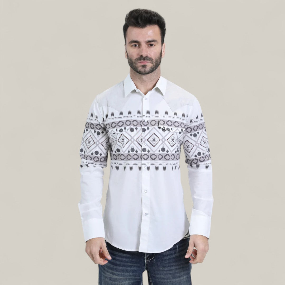 A man with short dark hair and a beard, wearing blue jeans and the Mens Western Modern Fit Cotton/Spandex Long Sleeve White Shirt with Snaps (WPL10751), stands against a plain light beige background.