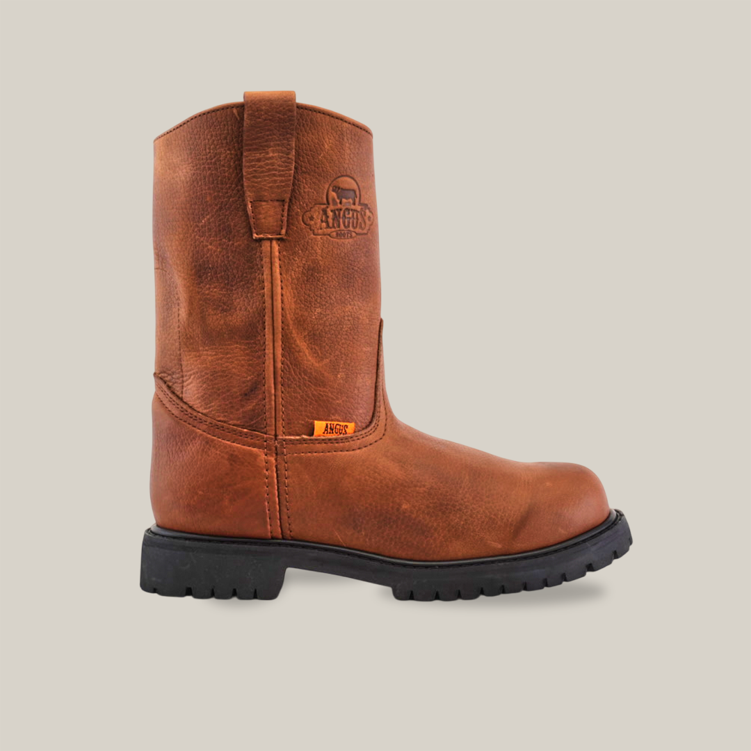 The Brandy Roper boot, crafted from premium brown cowhide leather, features a rugged slip-resistant tractor sole, a pull-tab, and an embossed upper logo. Its handcrafted design makes it ideal for labor-intensive environments.
