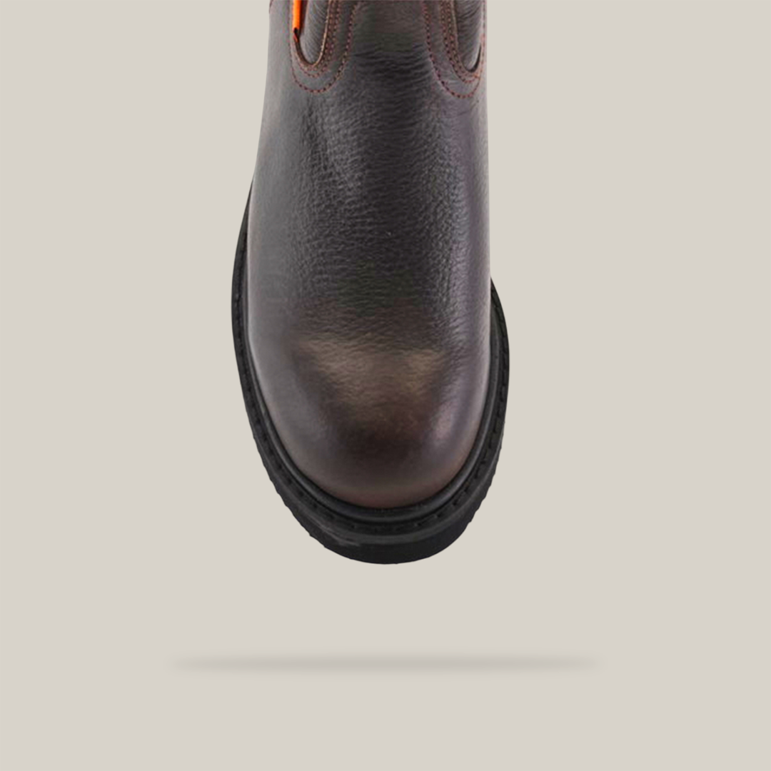 A top view of the Brown Roper - Laredo Sole - Soft Toe shoe made from premium cowhide features black soles and orange stitching near the opening. Showcasing exceptional craftsmanship, it’s centered against a plain white background.