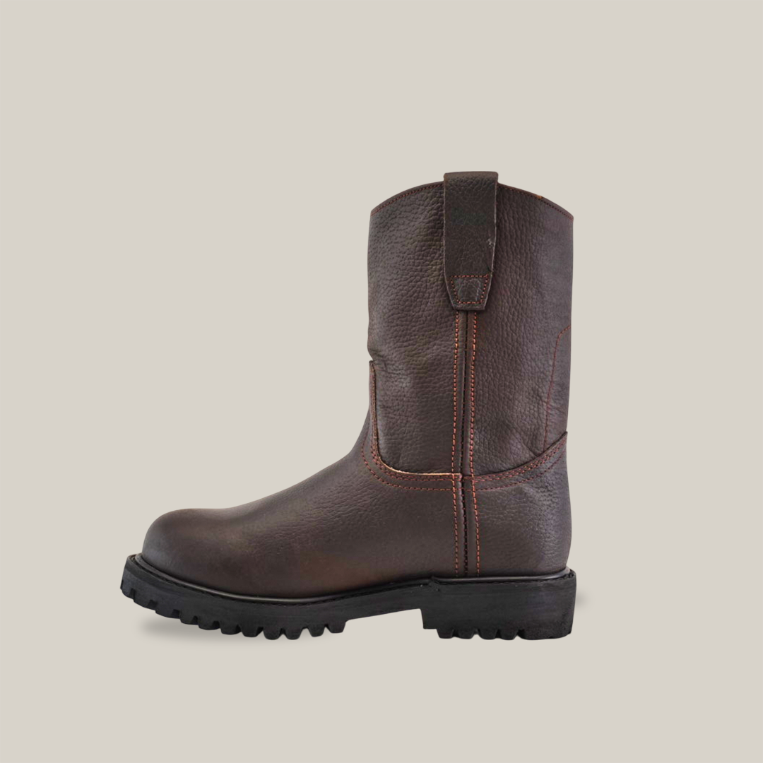The Brown Roper - Tractor Sole - Soft Toe is depicted in profile on a white background, showcasing its robust tractor sole, prominent stitching, pull tab at the shafts top, and durable premium cowhide leather construction.