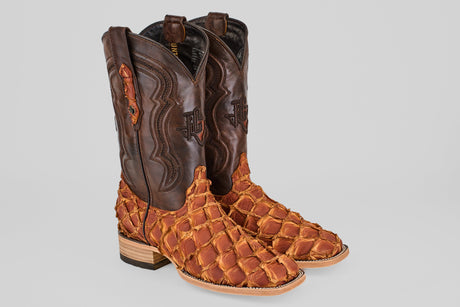 A pair of cowboy boots with black leather shafts and brown, textured, scaly-patterned foot and heel sections, shown from side and front views on a neutral background.