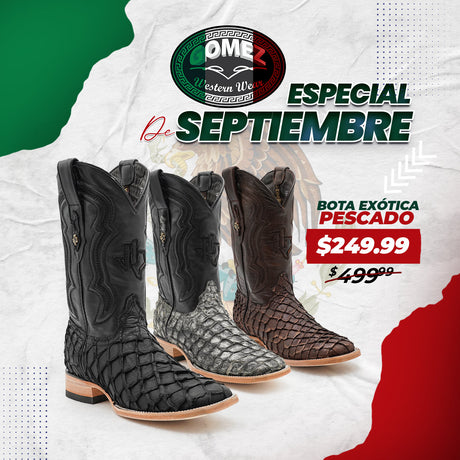 Three pairs of exotic fish leather cowboy boots in black, gray, and brown are displayed on a white background with a Mexican theme. The ad promotes a September special price of $249.99, down from $499.99.