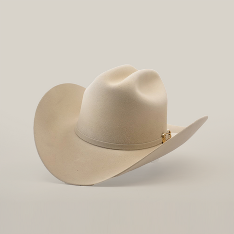 A light beige cowboy hat with a wide brim and a small decorative gold detail on the band, set against a plain off-white background.