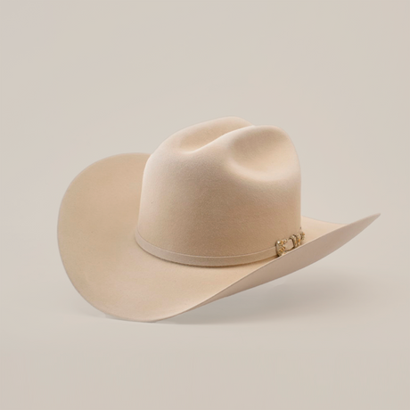 A light beige cowboy hat with a wide brim and a subtle decorative band, set against a plain, light background.