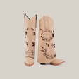 The Roma Flowers Tall Shaft Cream - J Toe boots feature intricate floral patterns and leather soles against a white background. With a pointed toe and stacked heel, they showcase exceptional craftsmanship.