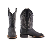 The Cheyenne Black Square Toe boots are crafted from premium leather with intricate stitching and a classic Western design. Displayed from both side and front views, they feature a low heel and tan sole.