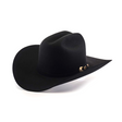 The 500X Superior Black is a premium Western cowboy hat featuring a wide brim and a decorative band with gold accents on one side, stylishly set against a pristine white background.