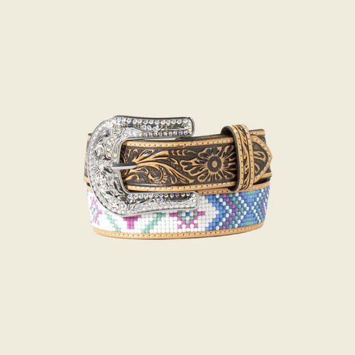 Angel Ranch Western Girls Belt Youth Leather Beaded Cactus Floral - D130003197