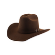 The 6X Leandro Brown is a premium cowboy hat made from genuine sheeps wool felt, featuring a wide brim and decorative band with a silver buckle. Its angled design enhances traditional aesthetics and showcases its smooth texture.