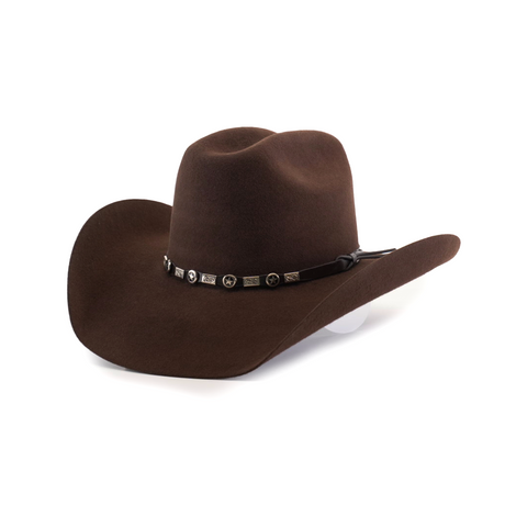 The 6X Bull Brown is a premium felt cowboy hat featuring a wide brim and a decorative band with metal conchos, ideal for enhancing your luxury western wear ensemble.