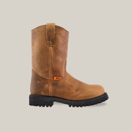 A single Tan Roper boot with a black tractor sole is displayed on a white background. It features a small pull tab at the top and an orange tag on the side, highlighting its premium cowhide leather craftsmanship.