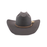 The 6X Doble SS Gris Oxford is a dark gray felt cowboy hat crafted from premium sheeps wool. It features a wide brim, a brown decorative band with small studs, and a feather accent, epitomizing iconic Western style.