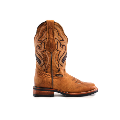 The Wild Mustard Slip Resistant Sole Rodeo Toe cowboy boot, in tan cowhide leather, boasts intricate dark stitching and embroidery. It features a rodeo toe, stacked heel, and slip-resistant sole for practicality. A top pull tab completes its classic design against a plain white background.