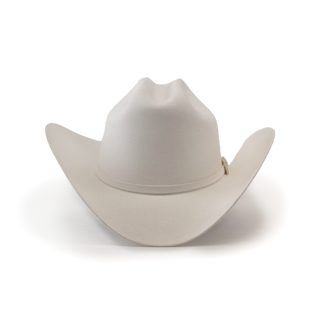 The 10X Jerarca White cowboy hat by Larry Mahan features a wide brim and slightly creased crown against a plain background. This fur felt hat has a simple hatband, embodying classic western headwear style.