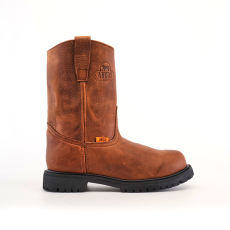 The Brandy Roper boot, crafted from premium brown cowhide leather, features a rugged slip-resistant tractor sole, a pull-tab, and an embossed upper logo. Its handcrafted design makes it ideal for labor-intensive environments.