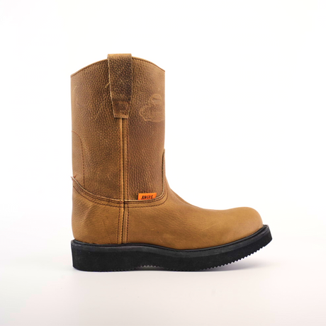 The Tan Roper - Laredo Sole - Soft Toe work boot, made of premium light brown cowhide leather, features a rugged texture and black Laredo sole. Convenient pull tabs at the top and a small orange label on the side add distinctive details, set against a plain white background.