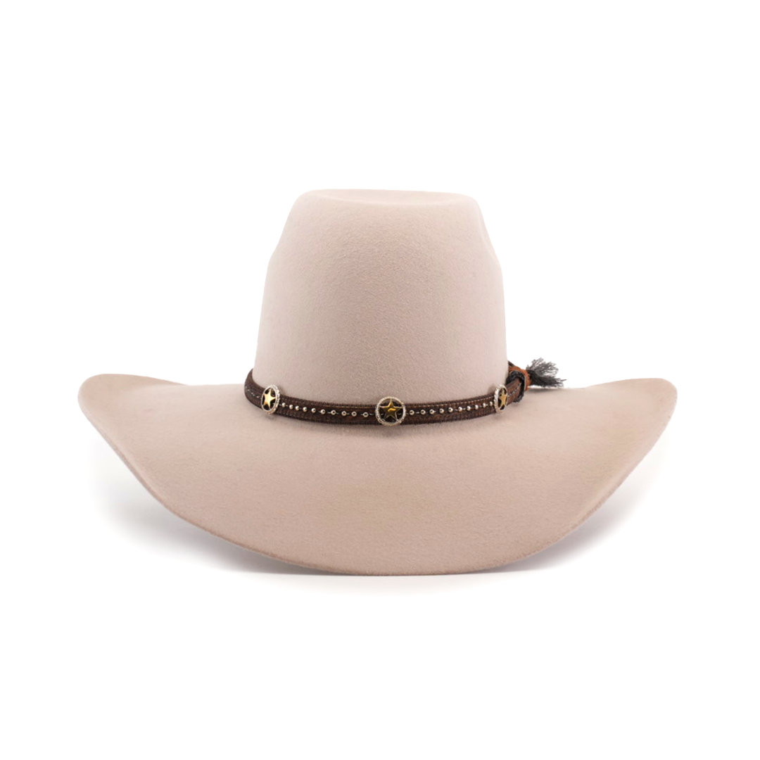 The 6X Brazil Belly is a wide-brimmed beige cowboy hat made from genuine sheep wool, featuring a premium leather band with small golden star-shaped decorations and studs. It has a high crown and a slightly curved brim.