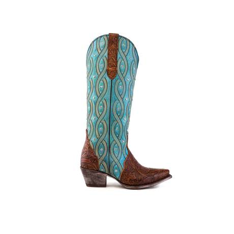 A cowboy boot with a snip toe and low heel exudes Western elegance. The turquoise shaft boasts swirling patterns and decorative studs, while the brown foot features intricate floral tooling reminiscent of Premier Tabaco Handtooled Flowers - Tall Shaft - Snip Toe boots.