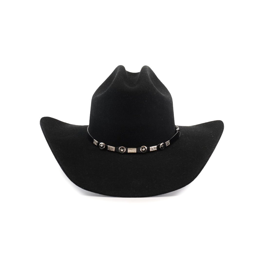 The 6X Dallas Black felt hat, with its slightly curved brim and a decorative band of silver conchos around the crown, exudes Western sophistication. Its elegantly displayed against a white background.