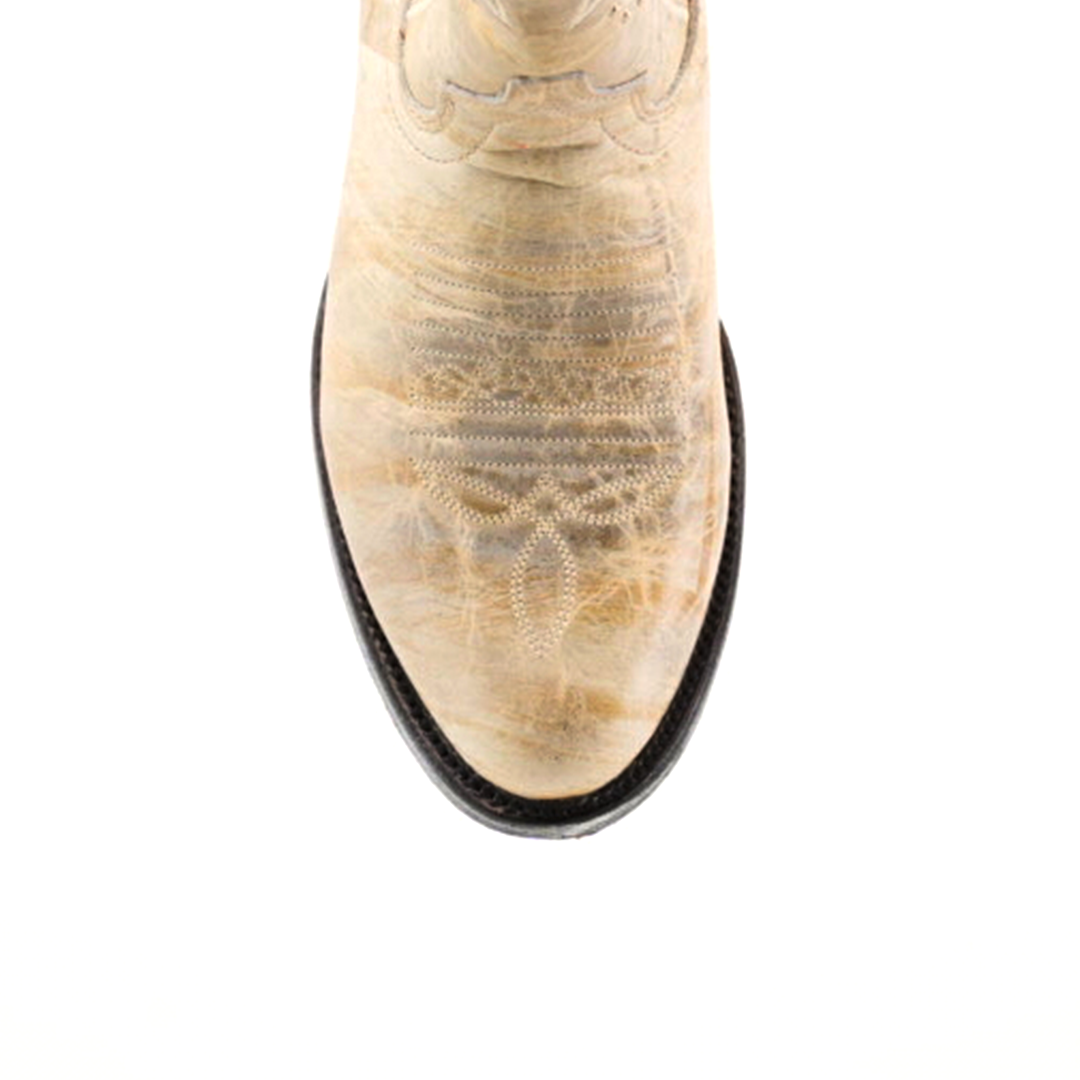 A top view image shows a Cowhide Hortus Rustic White cowboy boot made from cowhide leather, with intricate stitching, a rounded toe, and a dark brown sole, set against a white background.