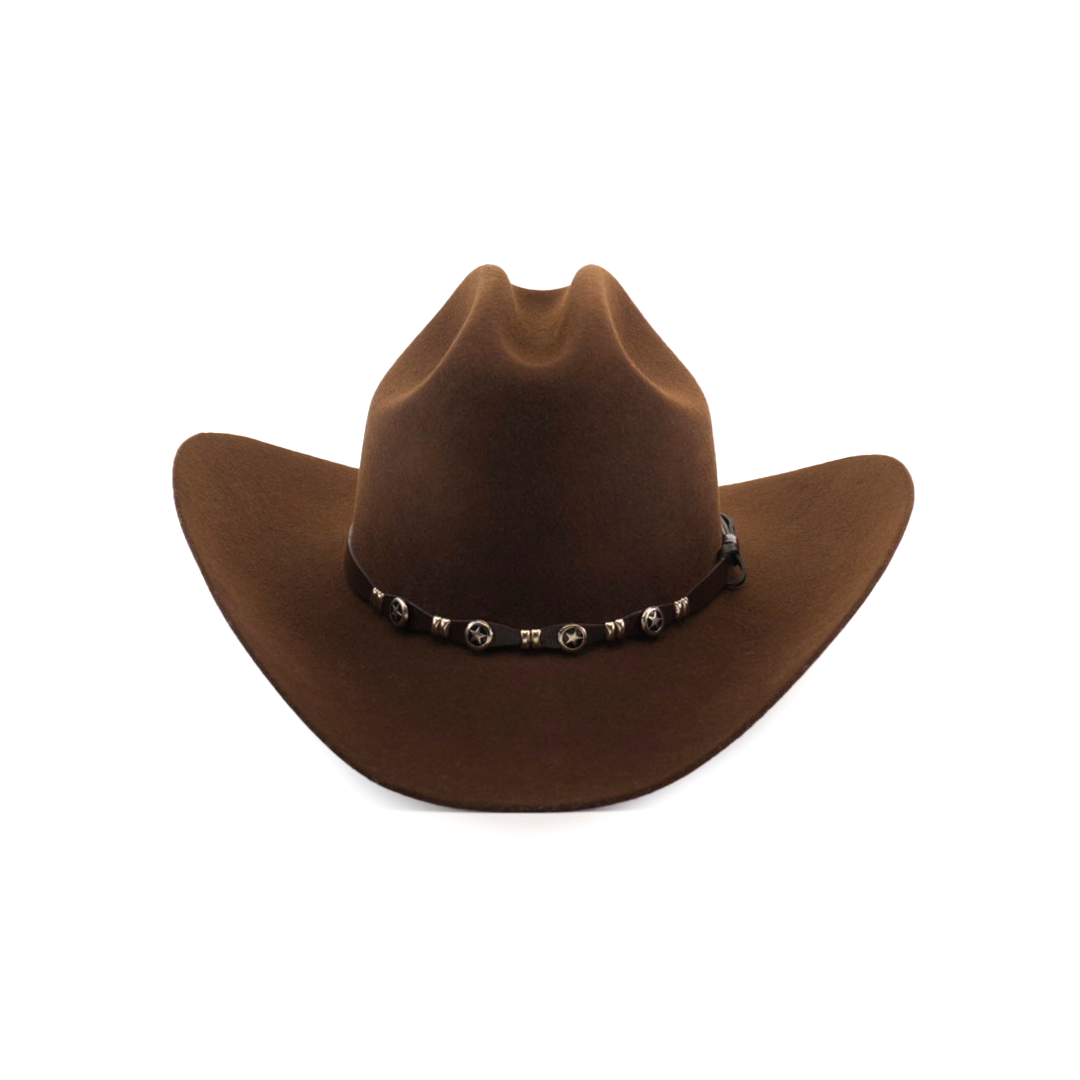 The 6X Sinaloa Brown is a classic brown felt cowboy hat with a wide brim and beaded hatband featuring metallic accents. This timeless piece embraces western heritage and is set against a plain white background, echoing cowboy tradition.