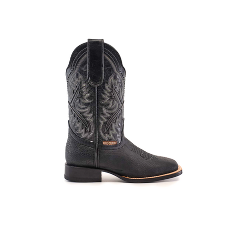 The Cheyenne Black Square Toe boot, crafted from premium black leather with intricate stitching, is showcased against a white background. It features a slightly raised heel and decorative patterns on the shaft, emphasizing its square toe design.