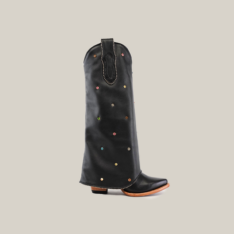 A Roma Rainbow Crystals Tall Shaft Black - J Toe cowboy boot from the Platinum Collection, shown in side profile on a white background, features a brown heel and sole with decorative stitching along the top edge.