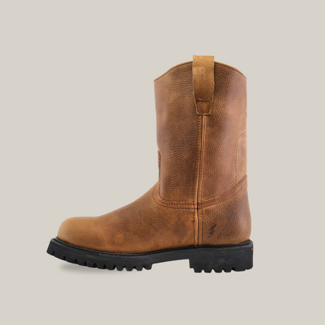 The Tan Roper - Tractor Sole - Composite Toe boot, crafted from premium brown cowhide leather with a rugged texture, features pull tabs and a durable black sole with thick treads for reliable traction. Positioned laterally on a white background, its perfect for any adventure.