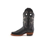 The Western Stitch Black Lustre boot, featuring a narrow square toe, black premium leather, decorative white stitching, and a brown heel, embodies traditional craftsmanship. Viewed from the side on a pristine white background, it captures the essence of Western spirit.