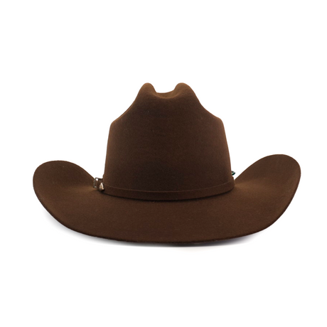 The 6X Leandro Brown is a premium cowboy hat made from sheeps wool, featuring a wide brim and slightly indented crown, elegantly displayed on a plain white background to highlight its quality craftsmanship.