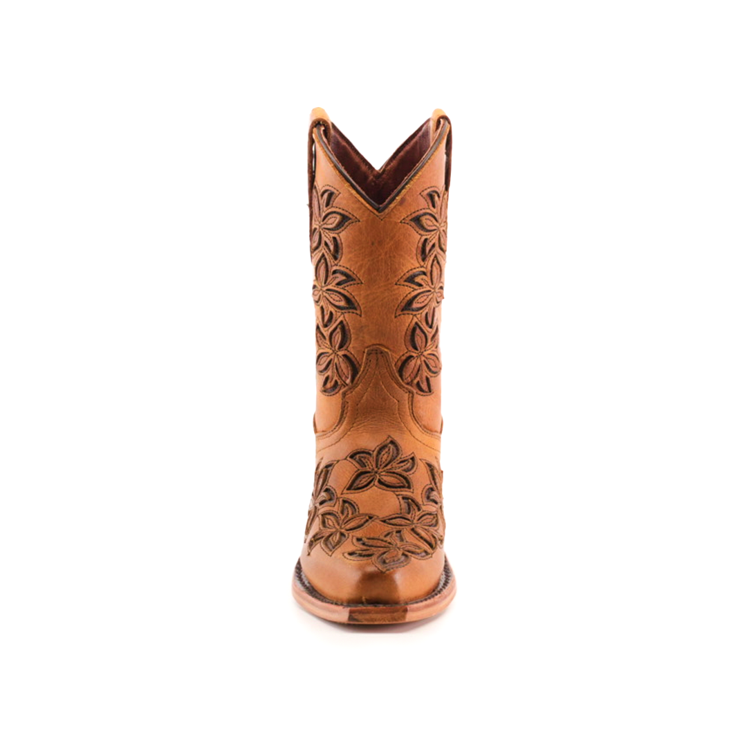 The Cosala Honey - Snip Toe is a brown cowboy boot featuring intricate floral patterns along the shaft. Photographed from the front against a white background, this genuine leather boot perfectly embodies classic western style and craftsmanship.