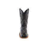 The Karoo Ostrich Print Black Square Toe boot, made from premium cowhide leather, showcases intricate stitched patterns and features a distinct square toe with a brown sole. It stands against a plain white background, reflecting timeless elegance and quality craftsmanship.