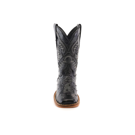 The Karoo Ostrich Print Black Square Toe boot, made from premium cowhide leather, showcases intricate stitched patterns and features a distinct square toe with a brown sole. It stands against a plain white background, reflecting timeless elegance and quality craftsmanship.