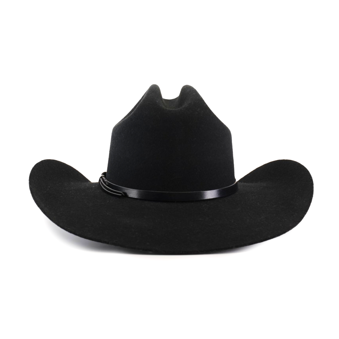 The 6X Dallas Black felt hat, featuring a wide curved brim and sleek leather band, showcases classic Western sophistication as it sits upright against a white background.