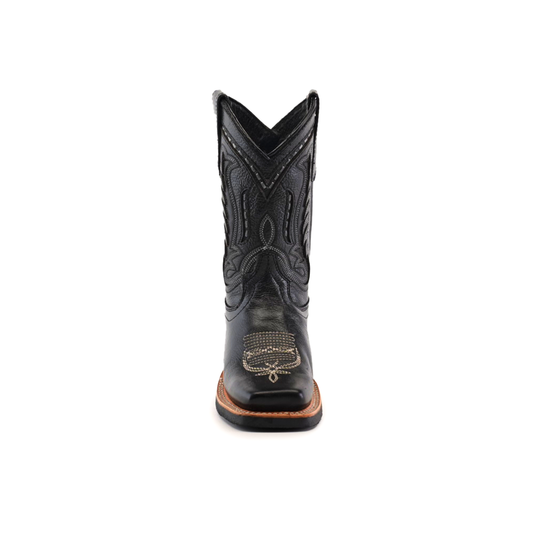 Front view of the Barcelona Black Lustre Rodeo Toe cowboy boot with intricate stitching on premium cowhide leather. It features a wide square rodeo toe, brown sole, and a high shaft with decorative patterns against a plain white background.