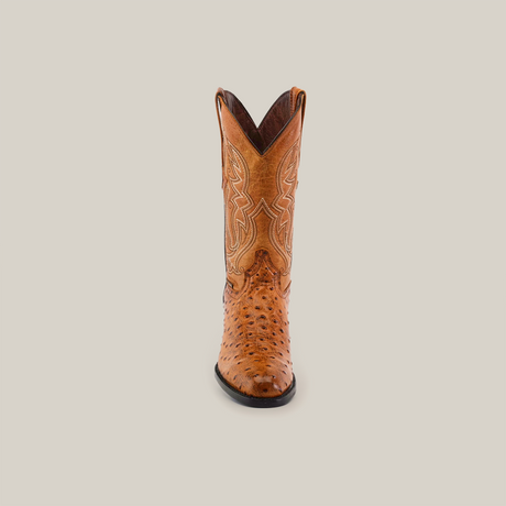 A single brown Karoo Ostrich Print Buttercup boot features intricate stitching and patterns on its textured leather shaft. The rounded toe complements its unique design, reminiscent of Karoo boots, displayed on a plain white background.