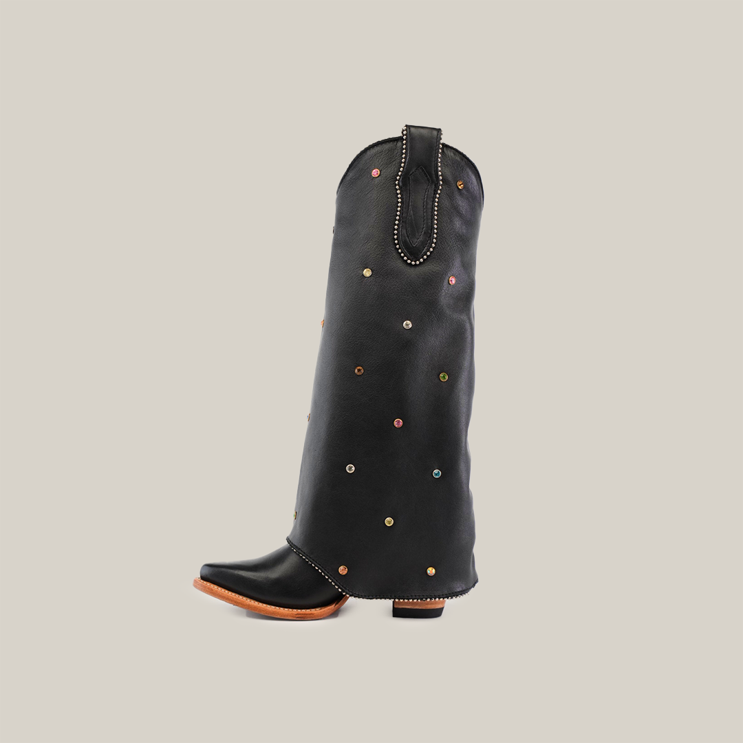 The Roma Rainbow Crystals Tall Shaft Black - J Toe is a black cowboy boot from the Platinum Collection, featuring vibrant Rainbow Crystals. It showcases a pointed toe and wooden heel, standing upright against a plain white background to highlight its handcrafted elegance.