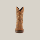 A single brown cowboy boot with star patterns stands upright on a white background, showcasing the White Tan US Flags handcrafted excellence. Made from premium cowhide leather, it features detailed stitching and a sturdy sole.