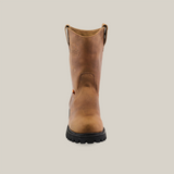 Front view of the Tan Roper - Tractor Sole - Composite Toe, a brown leather work boot made from premium cowhide with pull straps on both sides, visible stitching, and a robust traction sole, set against a plain white background.